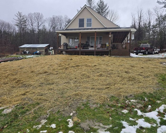 Yard seeded and covered with straw after septic work